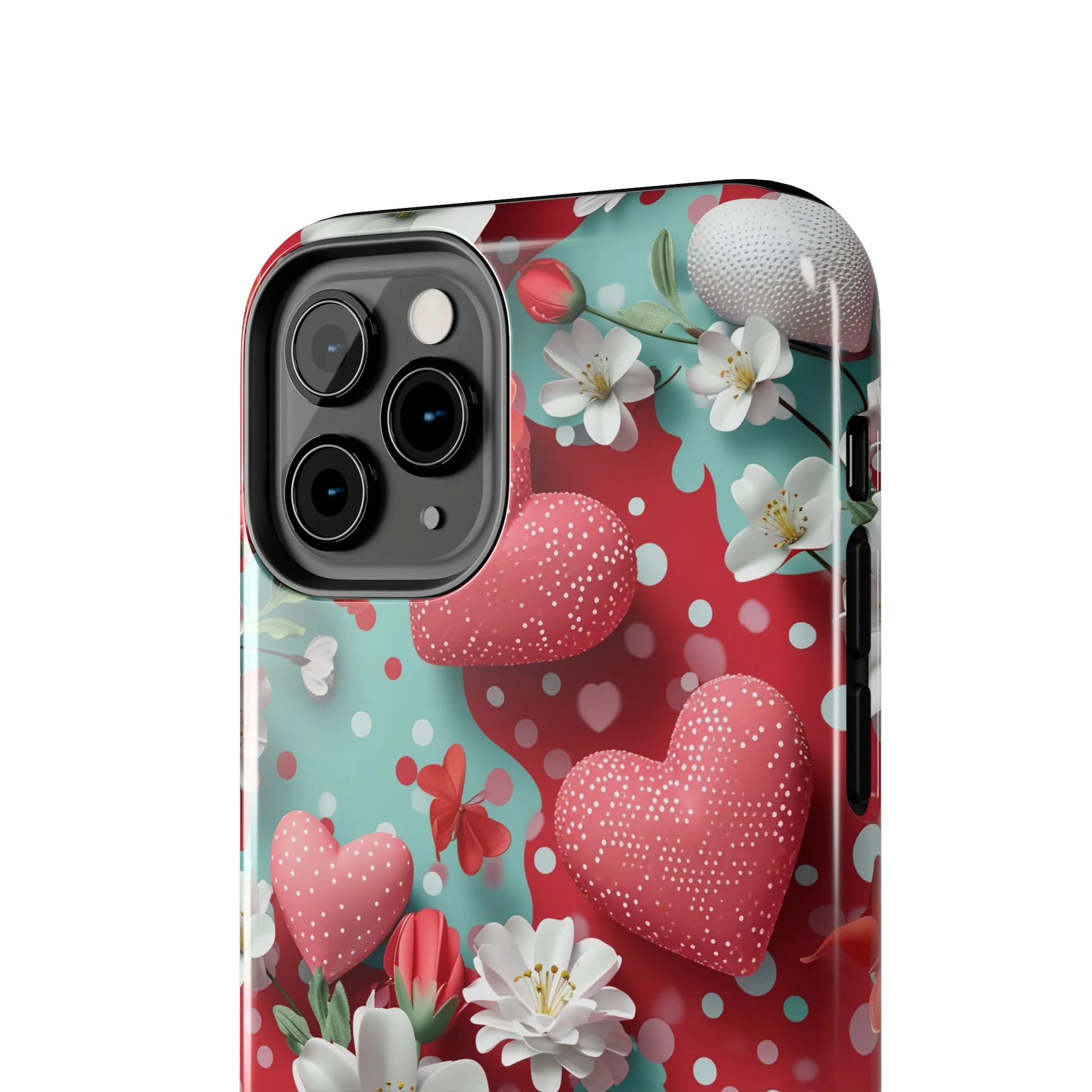 Polka Dot Hearts and Flowers Digital print Design Tough Phone Case compatible with a large variety of iPhone models, Gift, Phone Case