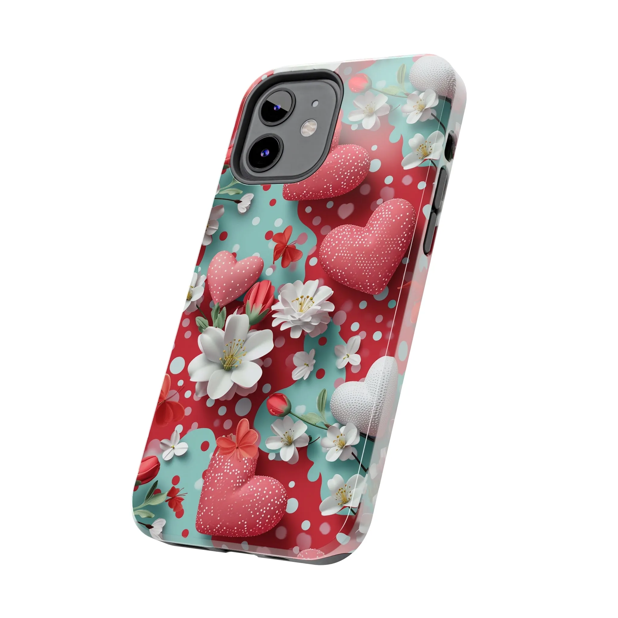 Polka Dot Hearts and Flowers Digital print Design Tough Phone Case compatible with a large variety of iPhone models, Gift, Phone Case