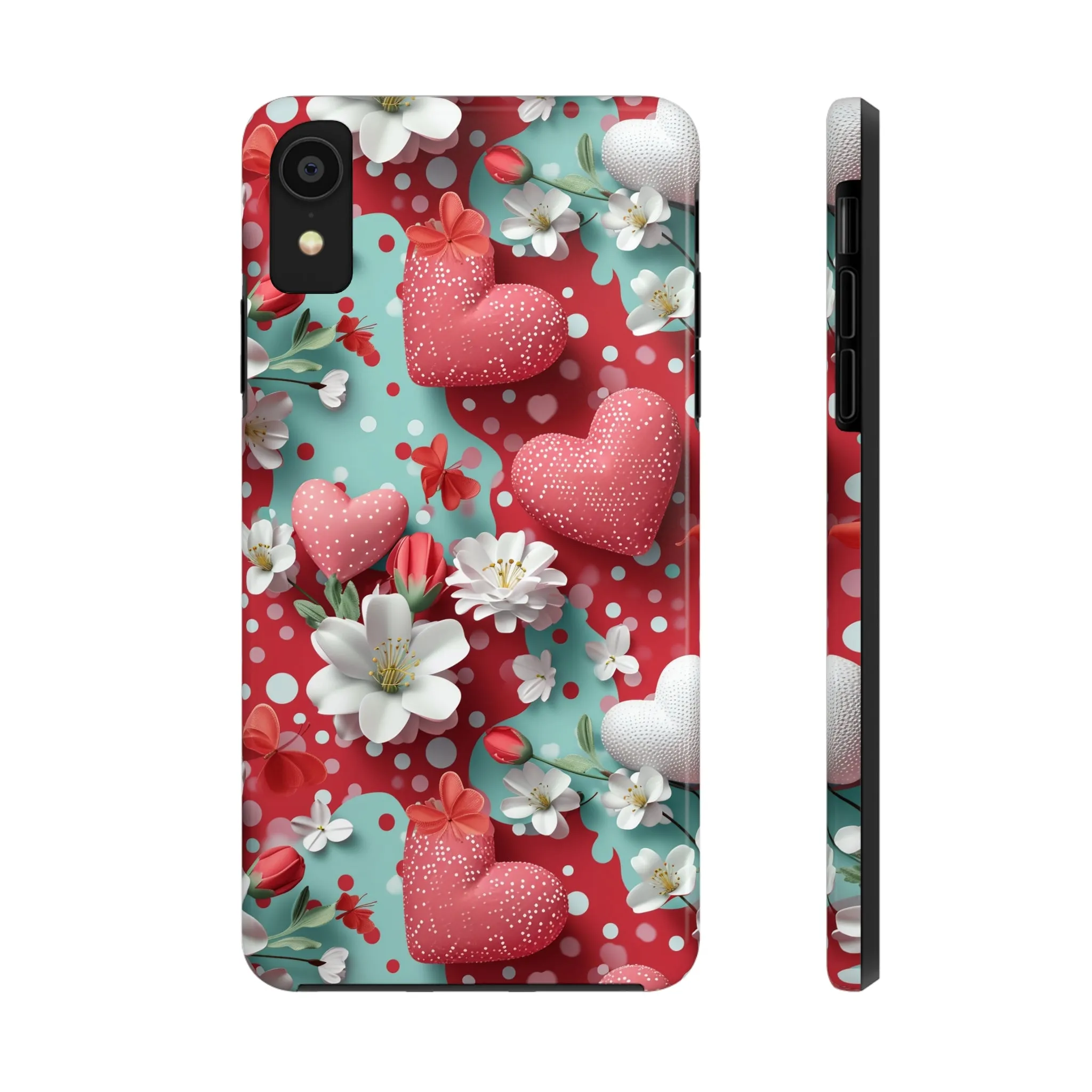 Polka Dot Hearts and Flowers Digital print Design Tough Phone Case compatible with a large variety of iPhone models, Gift, Phone Case