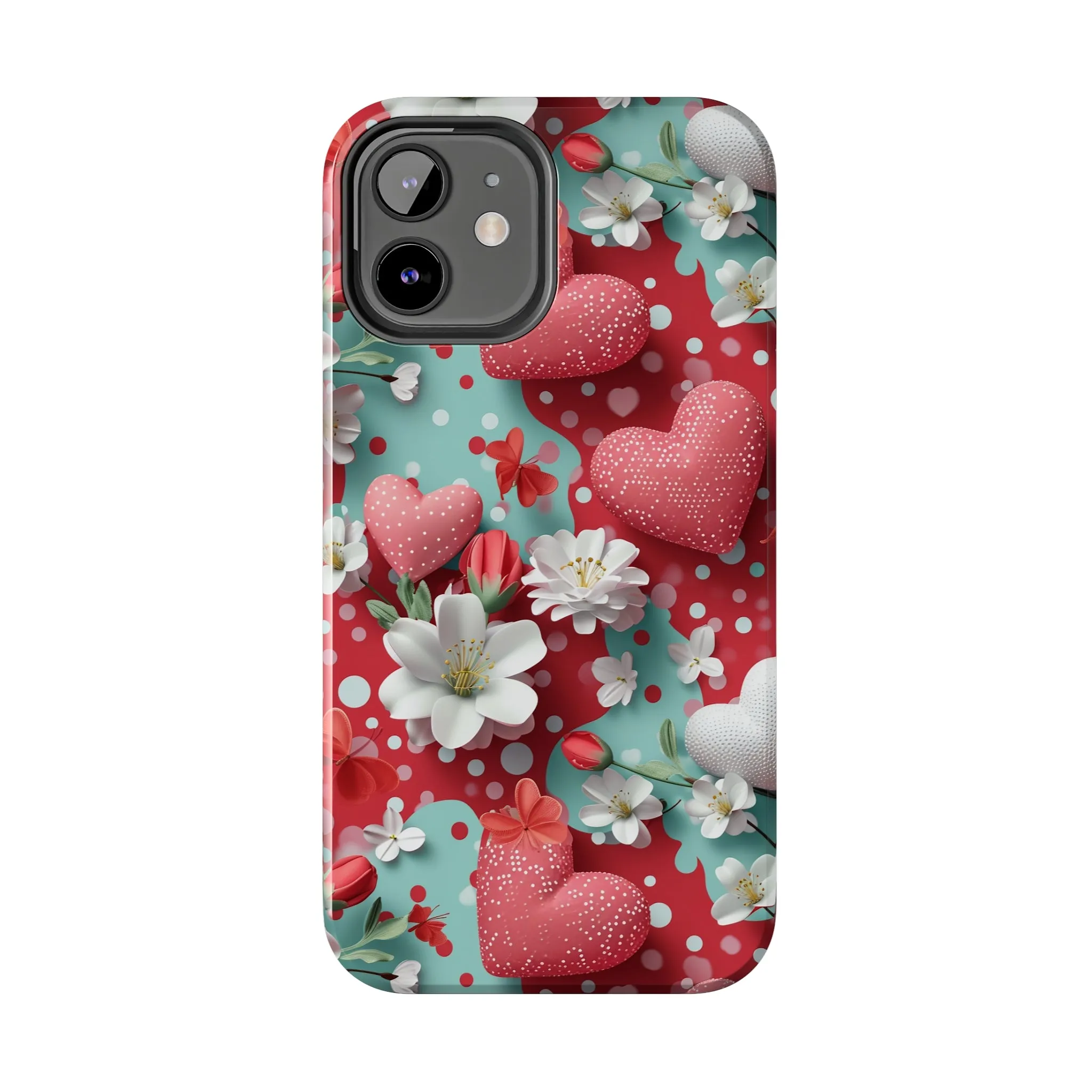 Polka Dot Hearts and Flowers Digital print Design Tough Phone Case compatible with a large variety of iPhone models, Gift, Phone Case