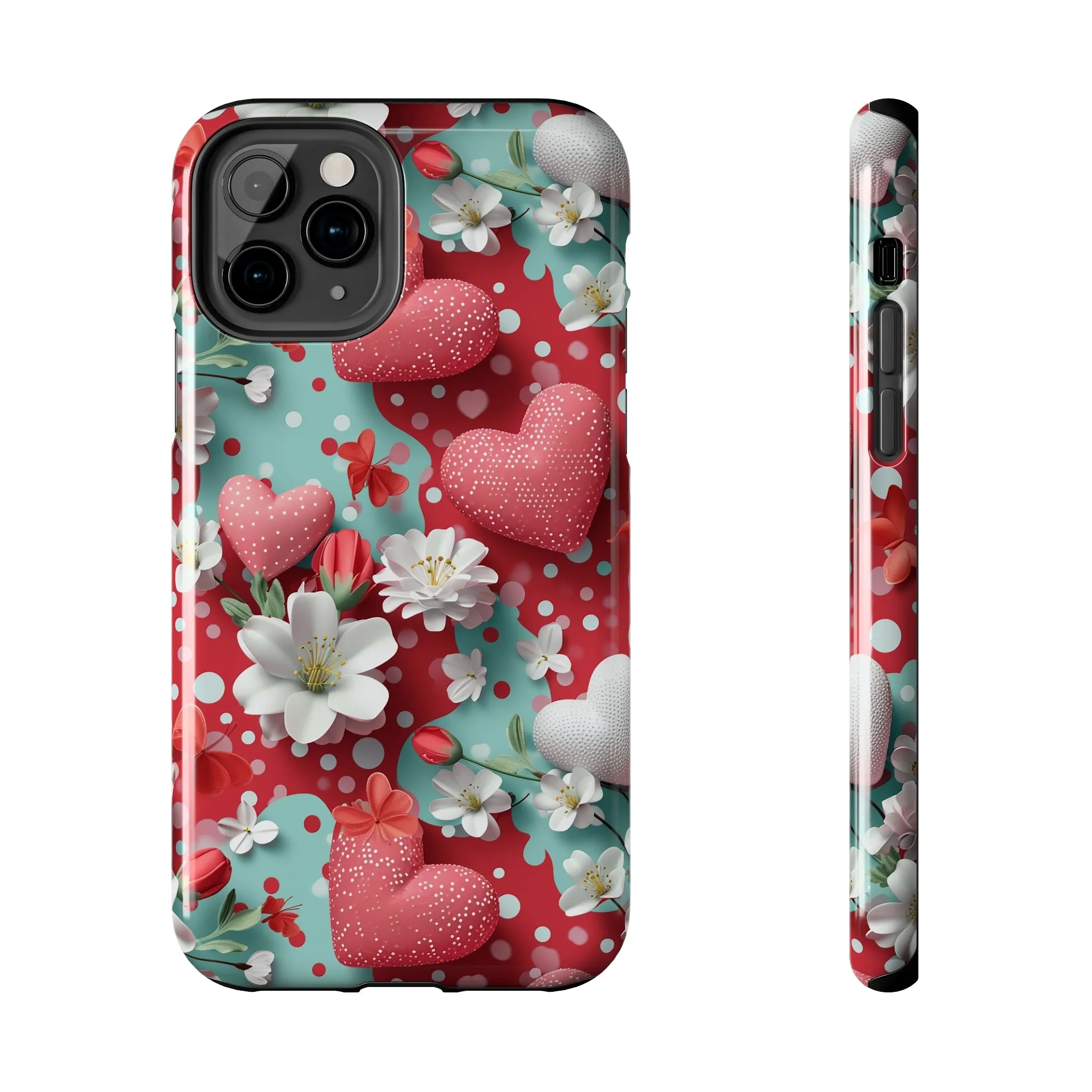 Polka Dot Hearts and Flowers Digital print Design Tough Phone Case compatible with a large variety of iPhone models, Gift, Phone Case