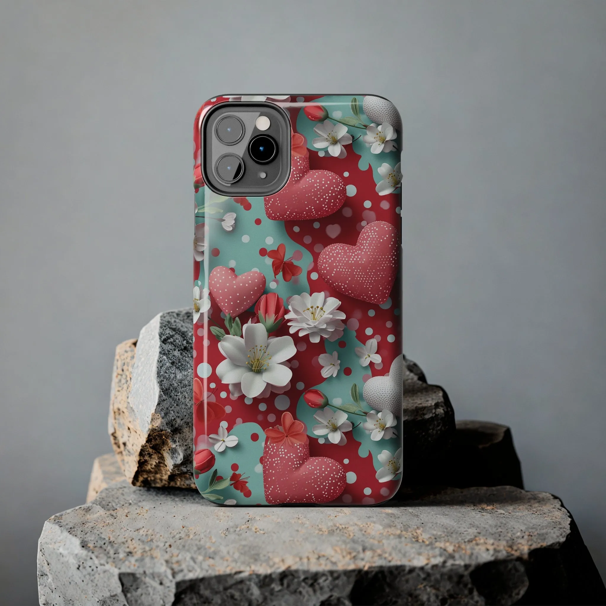 Polka Dot Hearts and Flowers Digital print Design Tough Phone Case compatible with a large variety of iPhone models, Gift, Phone Case