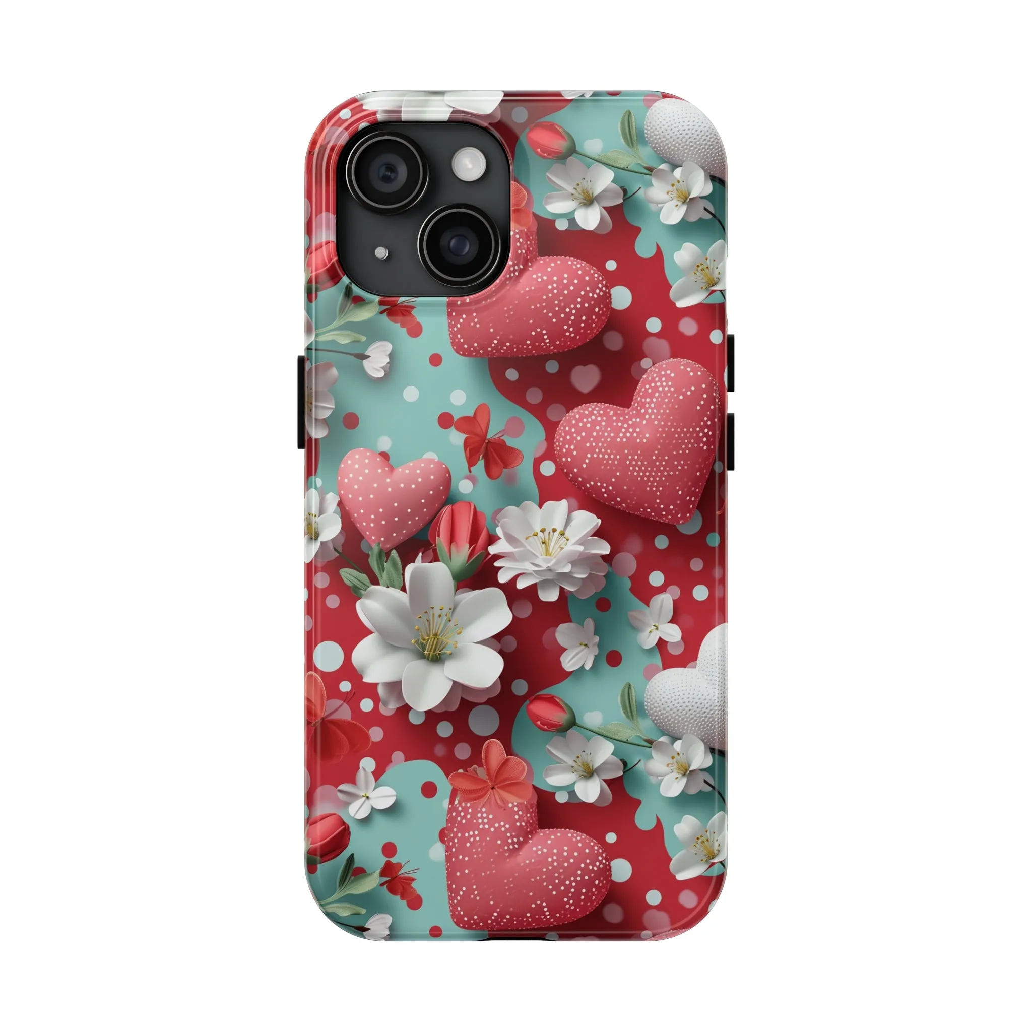 Polka Dot Hearts and Flowers Digital print Design Tough Phone Case compatible with a large variety of iPhone models, Gift, Phone Case