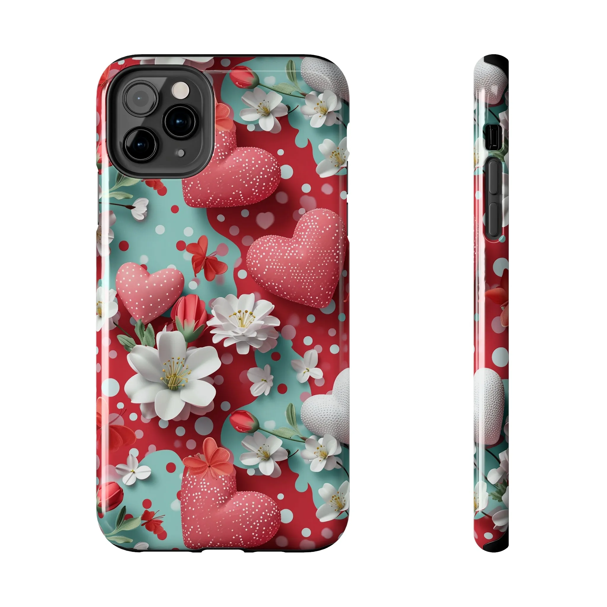 Polka Dot Hearts and Flowers Digital print Design Tough Phone Case compatible with a large variety of iPhone models, Gift, Phone Case