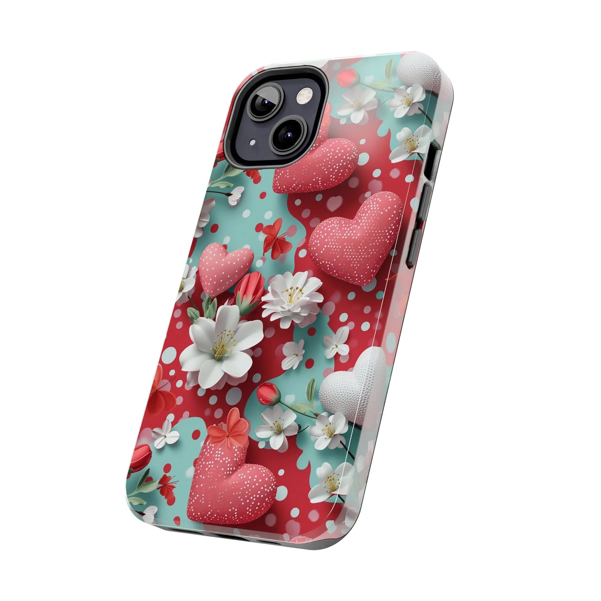 Polka Dot Hearts and Flowers Digital print Design Tough Phone Case compatible with a large variety of iPhone models, Gift, Phone Case