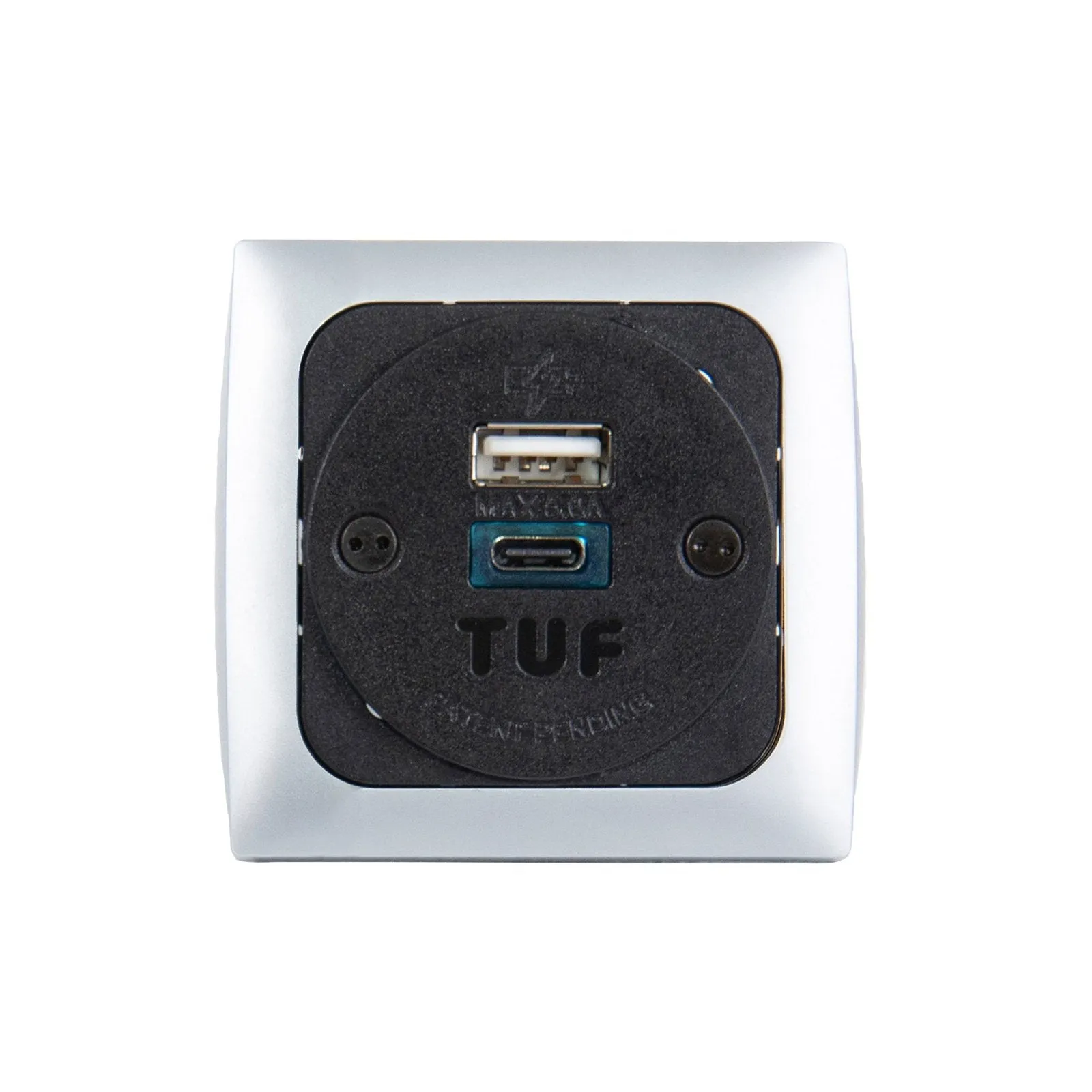 Proton panel mounted power module 1 x UK socket, 1 x TUF (A&C connectors) USB charger - silver/black