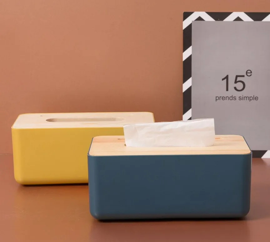 Removable Plastic Tissue Box with Bamboo Wooden Cover Home Tissue Container By CN