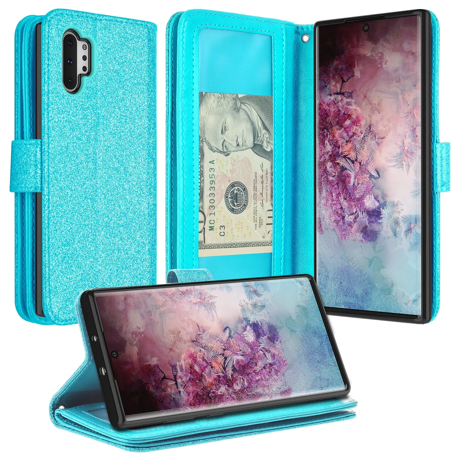 Samsung Galaxy Note 10 Case, Galaxy Note 10 Case, Glitter Faux Leather Flip Credit Card Holder Wrist Strap Shockproof Protective Wallet Case Clutch for Galaxy Note 10 - Teal