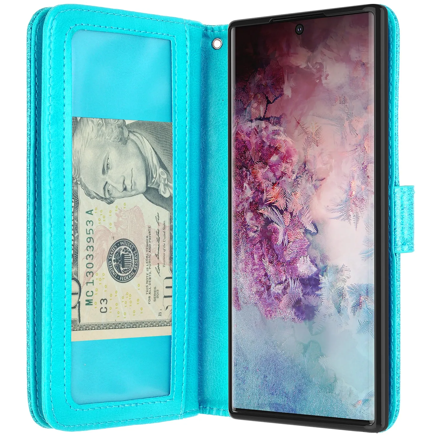 Samsung Galaxy Note 10 Case, Galaxy Note 10 Case, Glitter Faux Leather Flip Credit Card Holder Wrist Strap Shockproof Protective Wallet Case Clutch for Galaxy Note 10 - Teal