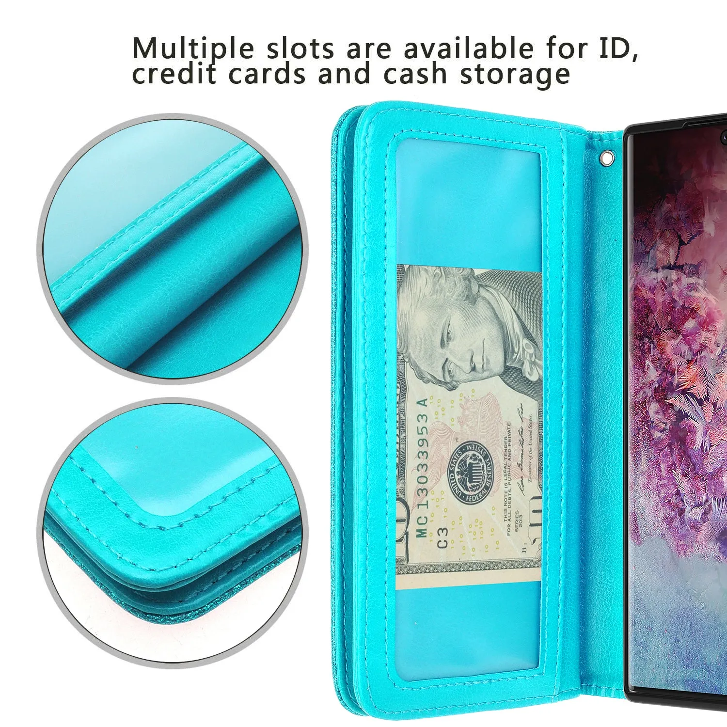 Samsung Galaxy Note 10 Case, Galaxy Note 10 Case, Glitter Faux Leather Flip Credit Card Holder Wrist Strap Shockproof Protective Wallet Case Clutch for Galaxy Note 10 - Teal