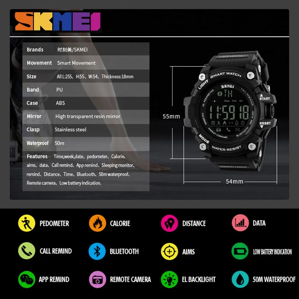 SKMEI Outdoor Sport Smart Watch Men Bluetooth Multifunction Fitness Watches 5Bar Waterproof Digital Watch reloj hombre 1227/1384