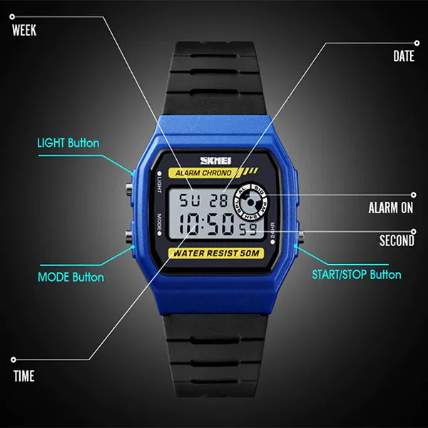 SKMEI Unisex LED Digital Sport Silicone Watch, 50M Water Resistant, Blue