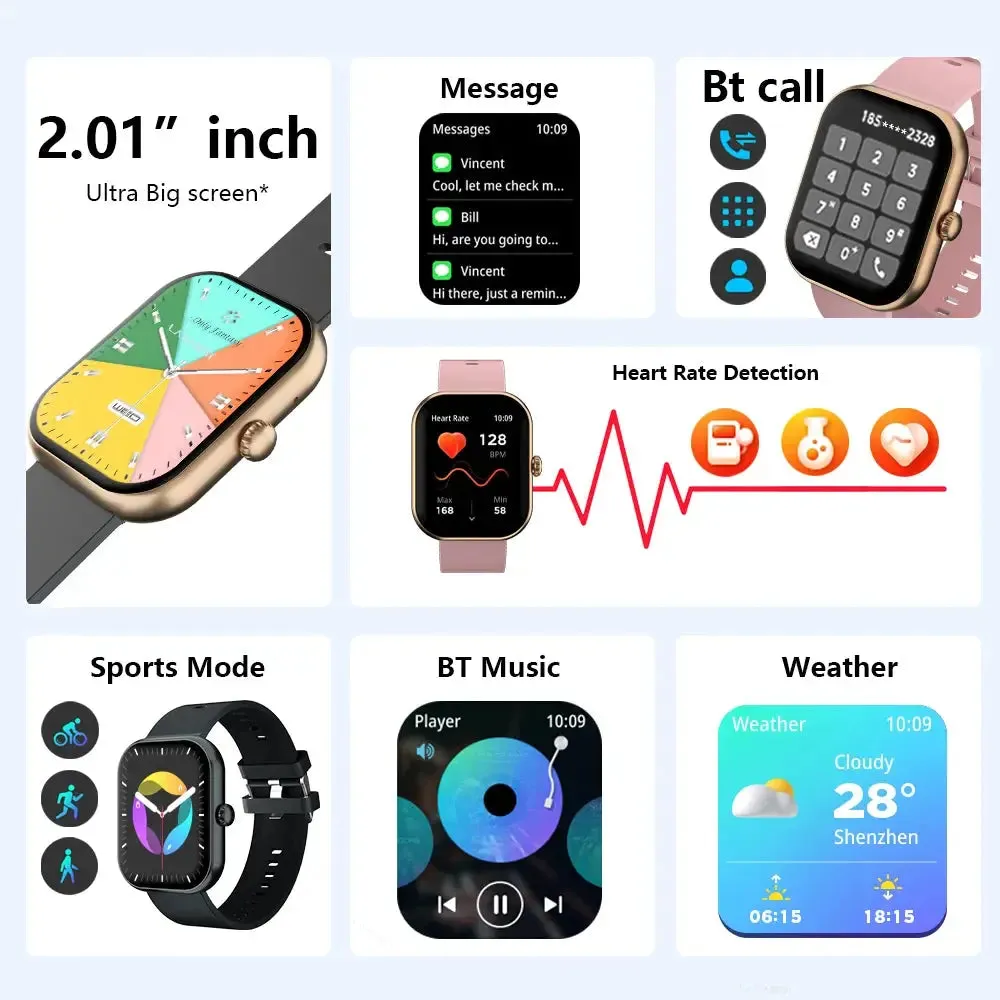 Smart Watch 2.01 HD Screen Answer Make Call 123 Sports Fitness Tracker IP68 Waterproof Smartwatch for Men Women Heart Rate Watch