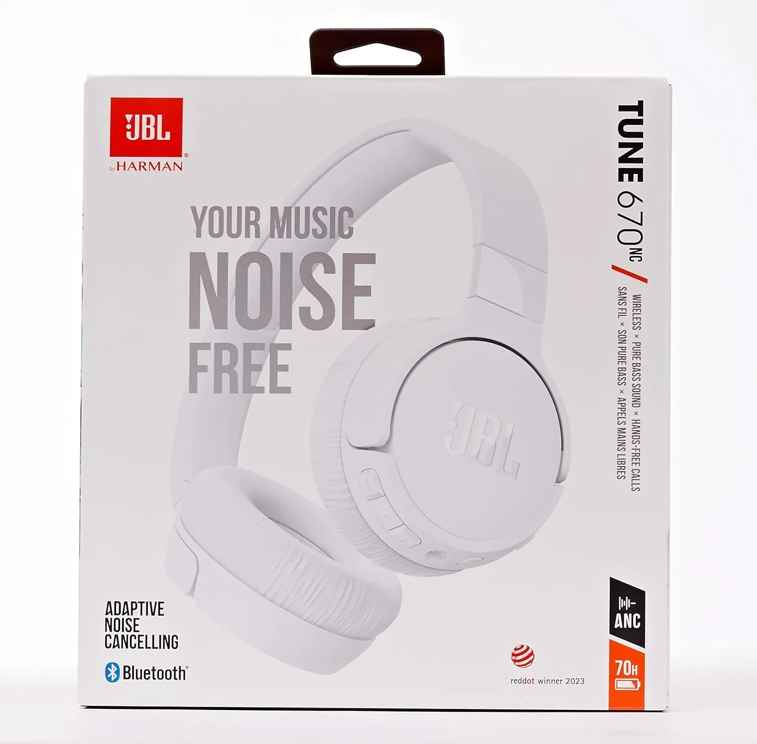 Tune 670NC Wireless On-Ear Headphones, with Adaptive Noise Cancelling, Bluetooth, Lightweight Design and 70 hours Battery Life, in White