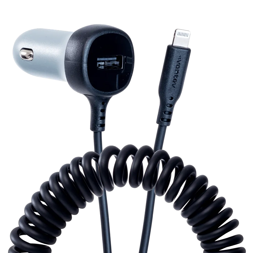 Ventev 12W USB A Car Charger with attached 15W Apple Lightning Cord by Ventev