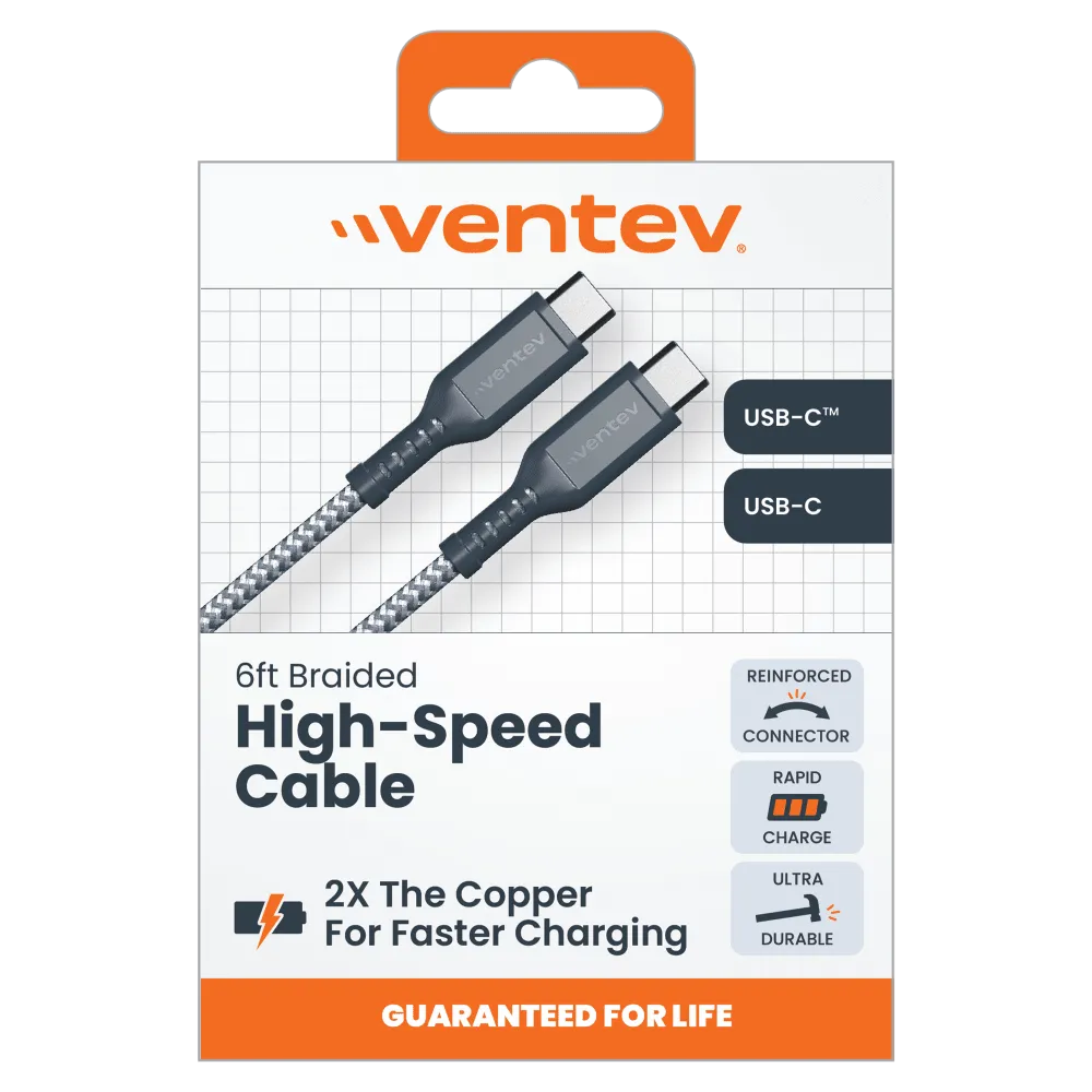 Ventev High Speed USB C to USB C Braided Cable with 2x the Copper for Faster Charging 6ft Gray by Ventev