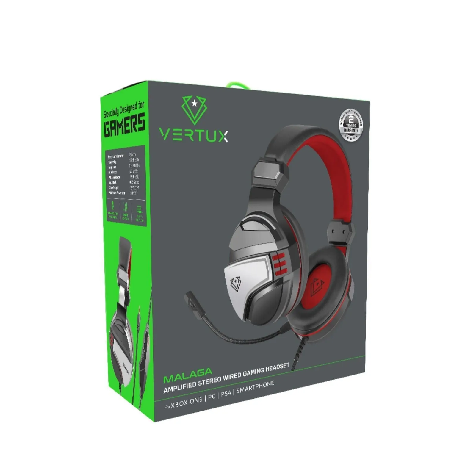 Vertux Gaming Amplified Stereo Wired Over Ear Headset, Unidirectional Microphone & Inline Controller, Black/Red