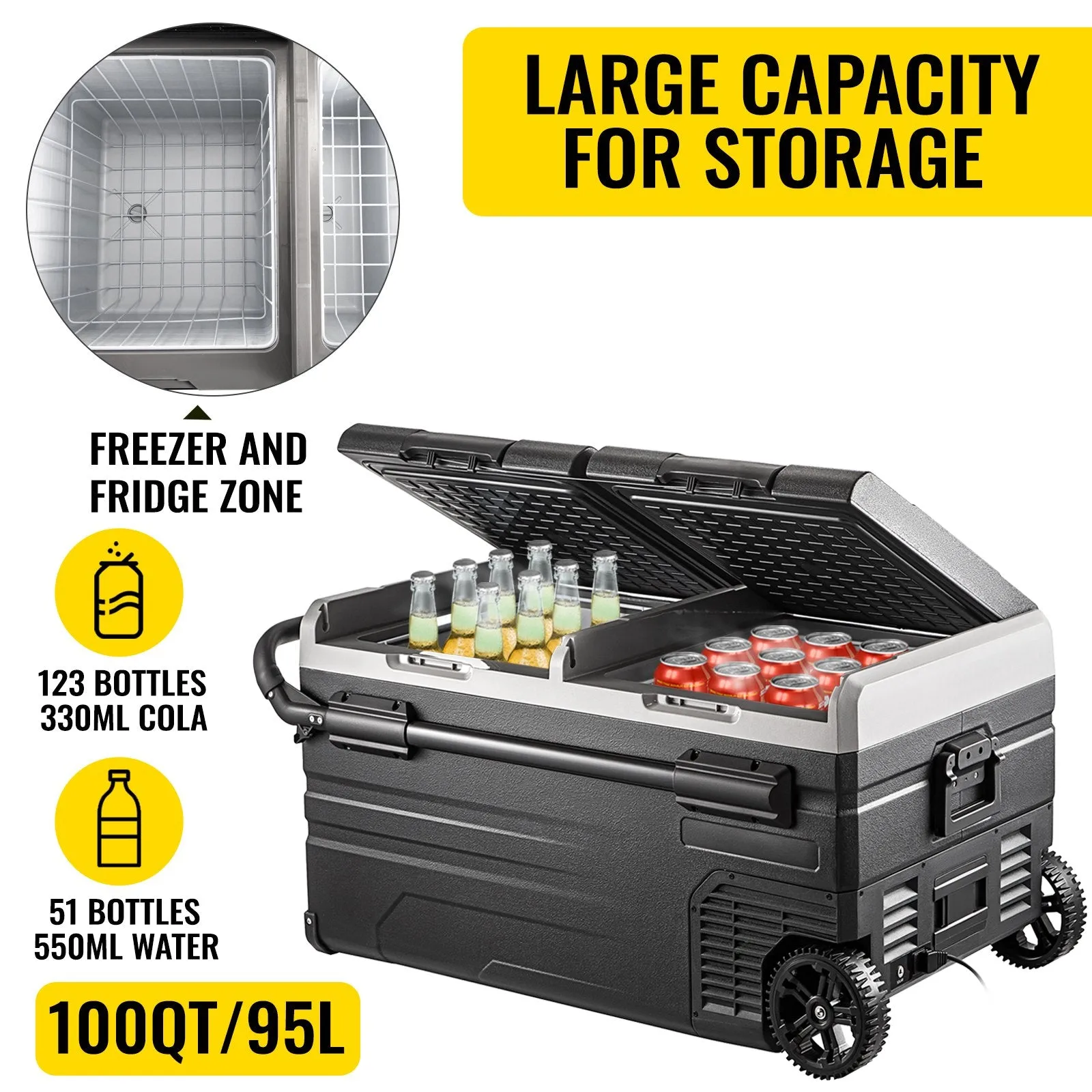 Vevor Portable Car Freezer 100 Qt. Dual Storage Zone -4°F to 68°F Adjustable Temperature New