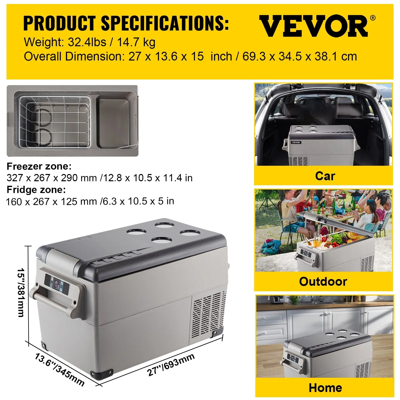 Vevor Portable Refrigerator 37 Qt 12V Dual Zone -4°F to 68°F Adjustable Temperature New