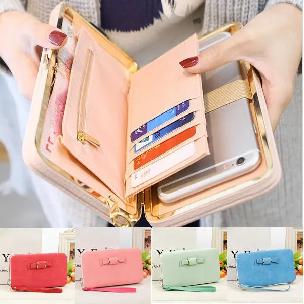 Women Candy Color Bowkot 5.5 Inch Phone Wallets Case Hasp Long Purse Clutches