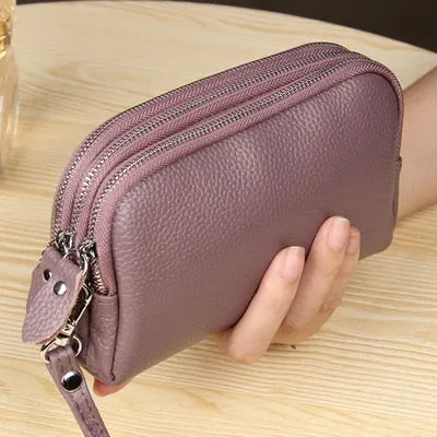 Women Long Wallet Genuine Leather 3-Layer Zipper Purse Bag Large Capacity Wristlet Clutch Wallets Phone Bag Money Purses