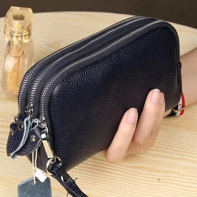 Women Long Wallet Genuine Leather 3-Layer Zipper Purse Bag Large Capacity Wristlet Clutch Wallets Phone Bag Money Purses