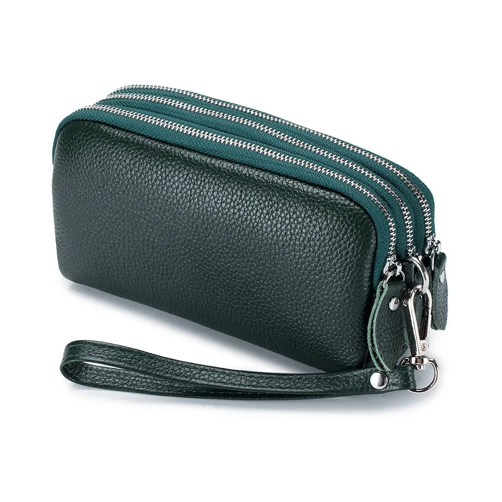 Women Long Wallet Genuine Leather 3-Layer Zipper Purse Bag Large Capacity Wristlet Clutch Wallets Phone Bag Money Purses