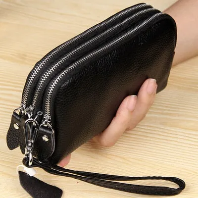 Women Long Wallet Genuine Leather 3-Layer Zipper Purse Bag Large Capacity Wristlet Clutch Wallets Phone Bag Money Purses