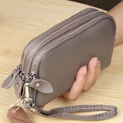 Women Long Wallet Genuine Leather 3-Layer Zipper Purse Bag Large Capacity Wristlet Clutch Wallets Phone Bag Money Purses