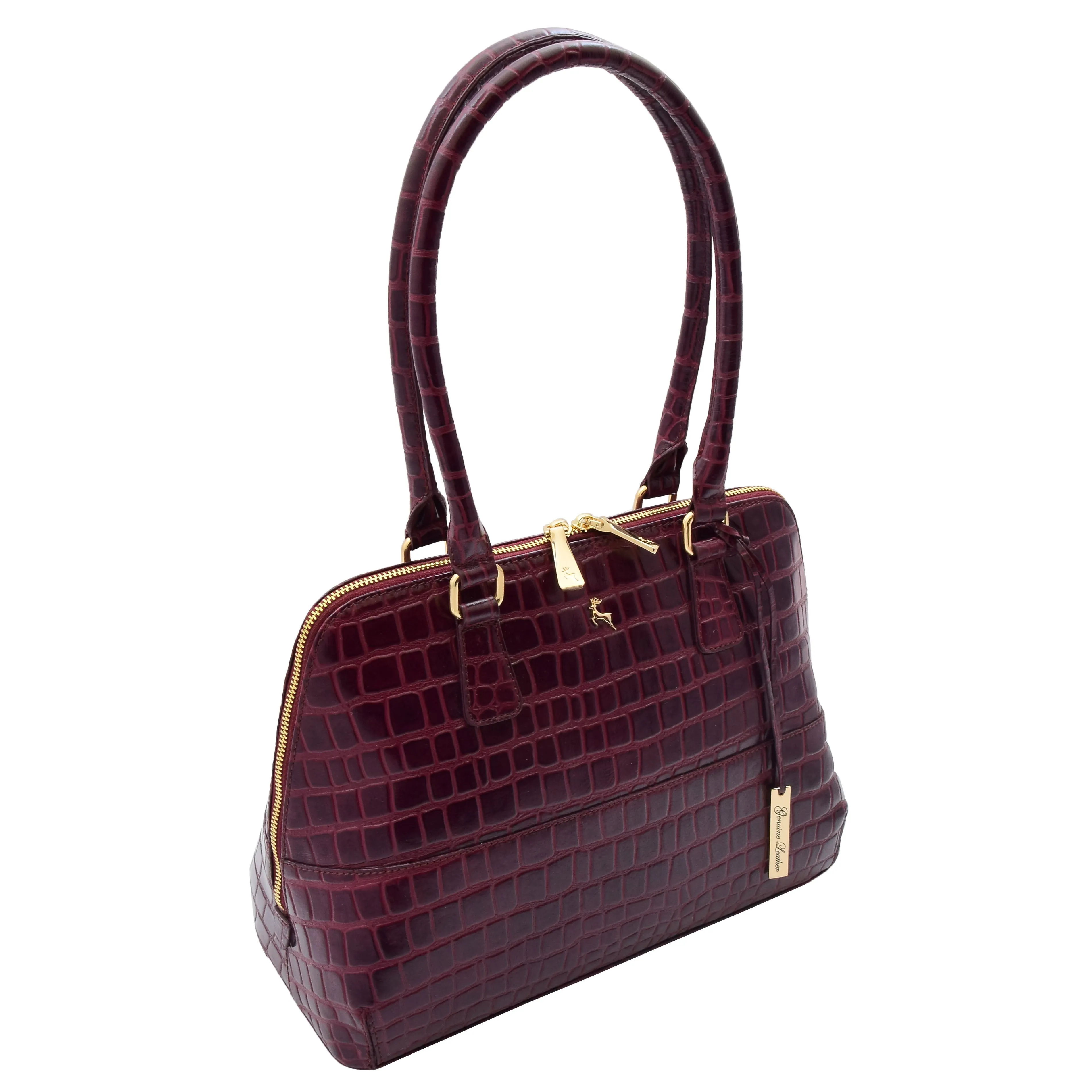 Womens Leather Hobo Bag Croc Print Annabelle Bordeaux