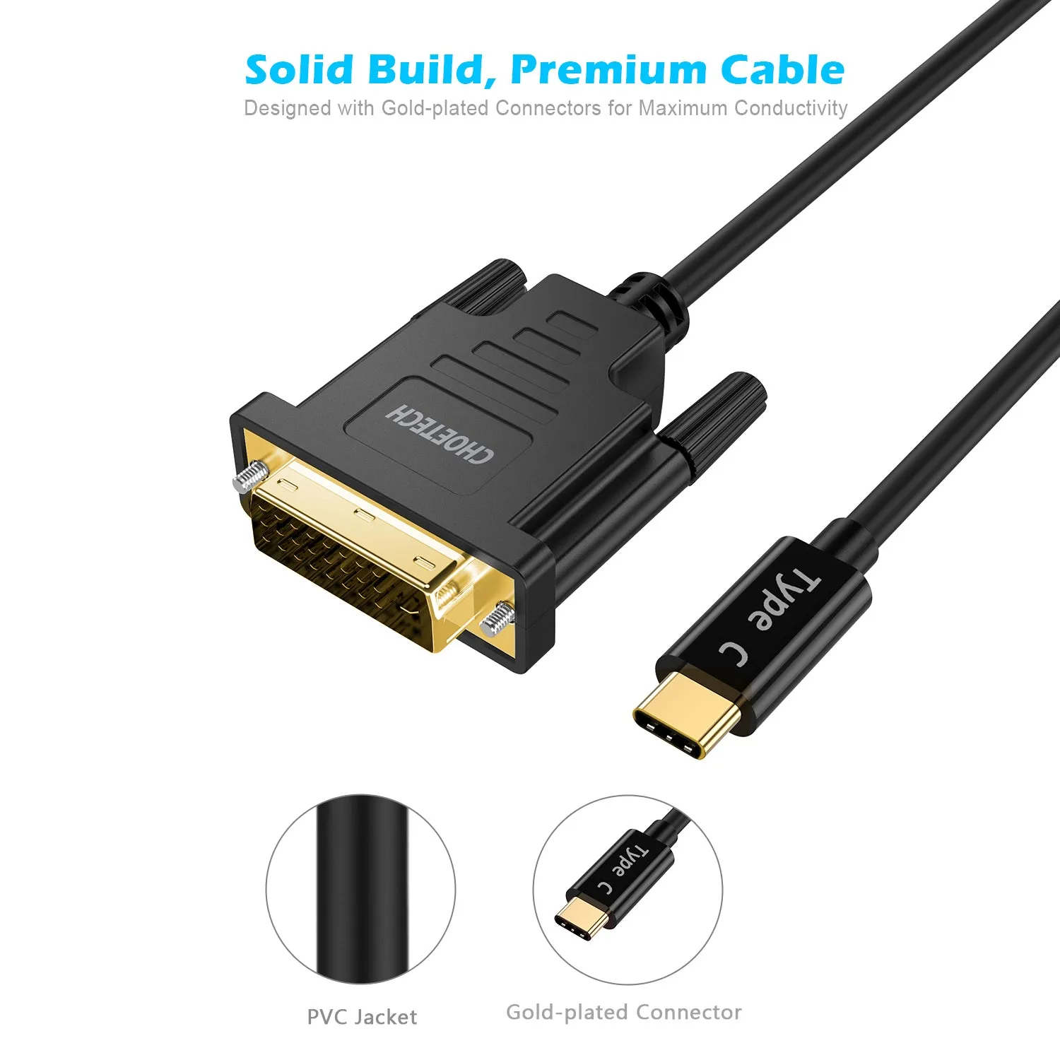 XCD-0018 CHOETECH USB C to DVI Cable 4K@30Hz (6FT/1.8M) USB Type C to DVI 24 1 Adapter