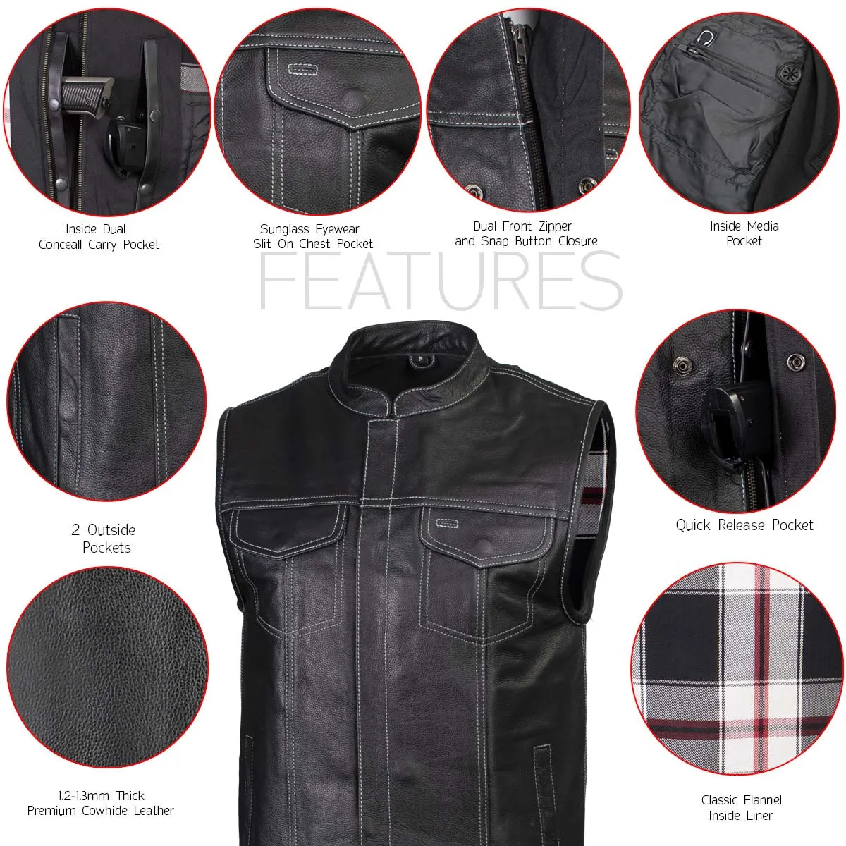 Xelement ‘Gold Series’ XS13004 Men's 'Dagger’ Black Leather Motorcycle Vest with Flannel Liner