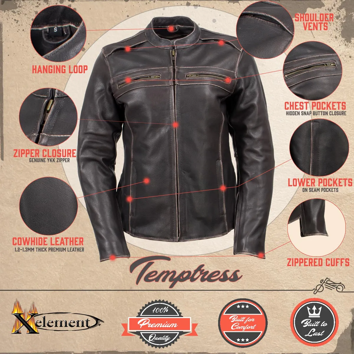 Xelement XS2002 Women's 'Temptress' Distress Brown Leather Armored Motorcycle Biker Jacket