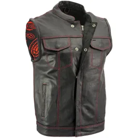 Xelement XS3449 Men's 'Paisley' Black Leather Motorcycle Biker Rider Vest with Red Stitching