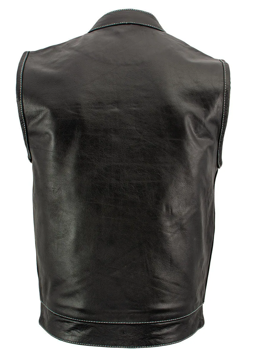 Xelement XS3450 Men's 'Paisley' Black Leather Motorcycle Vest with White Stitching