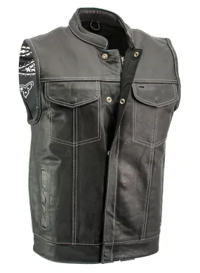 Xelement XS3450 Men's 'Paisley' Black Leather Motorcycle Vest with White Stitching