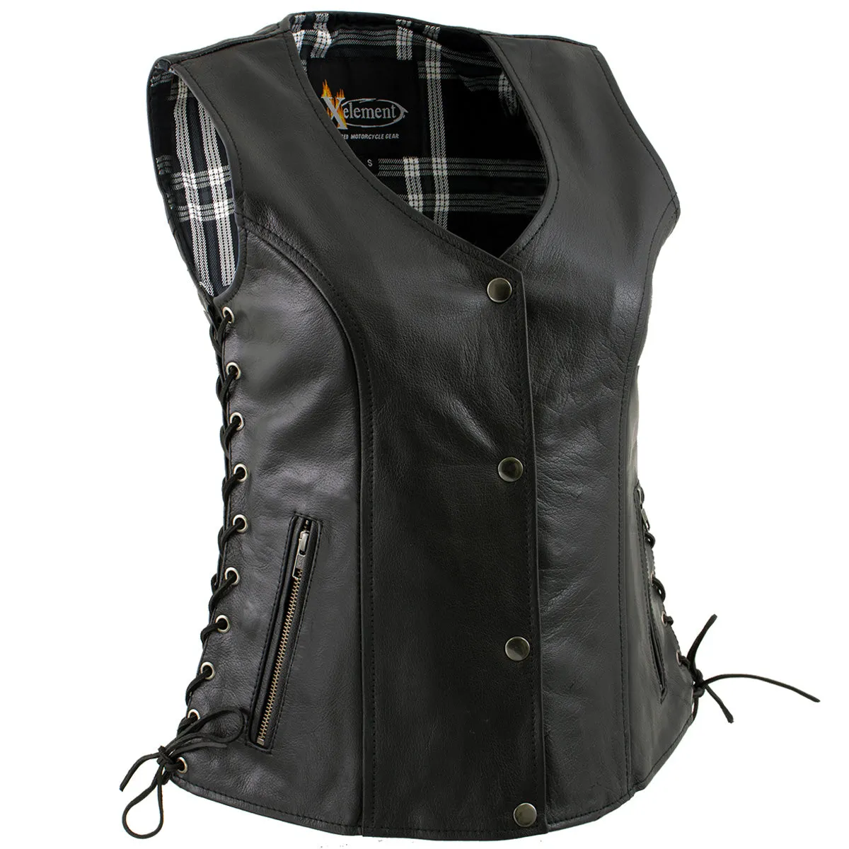 Xelement XS4505 Women's Black ‘Flannel’ Motorcycle Biker Rider Leather Vest with Snap Button Closure